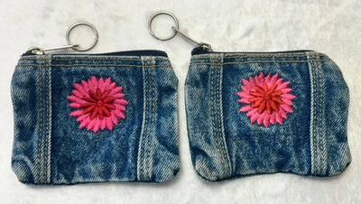 石洗牛仔硬币钱包 2 件装花卉拉链 S3 — 第 1/4 张图片