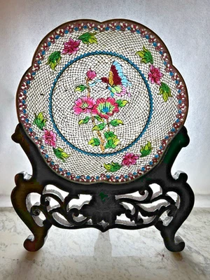 "Plato esmaltado cloisonné chino plique-à-Jour mariposa y vitral floral 6""" Foto 1 de 4