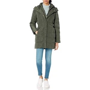 Cole Haan Signature Size M Olive Taffeta Down Quilted Coat Hooded Zip Up HR2-89 - Picture 1 of 12