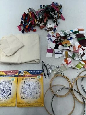 Embroidery Thread Lot of Assorted Cotton Hoop Fabric Frames Hot Iron Transfers - Image 1 of 4