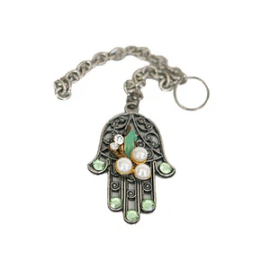 Jewish, Metal Key Chain, Hamsah W/ Pearls & Green Rhinestones Stones 1.5"Tx1"W* - Picture 1 of 1