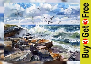 Crashing Sea Waves 5"x7" Print on Matte Paper | Coastal Ocean Watercolor Art - Picture 1 of 17