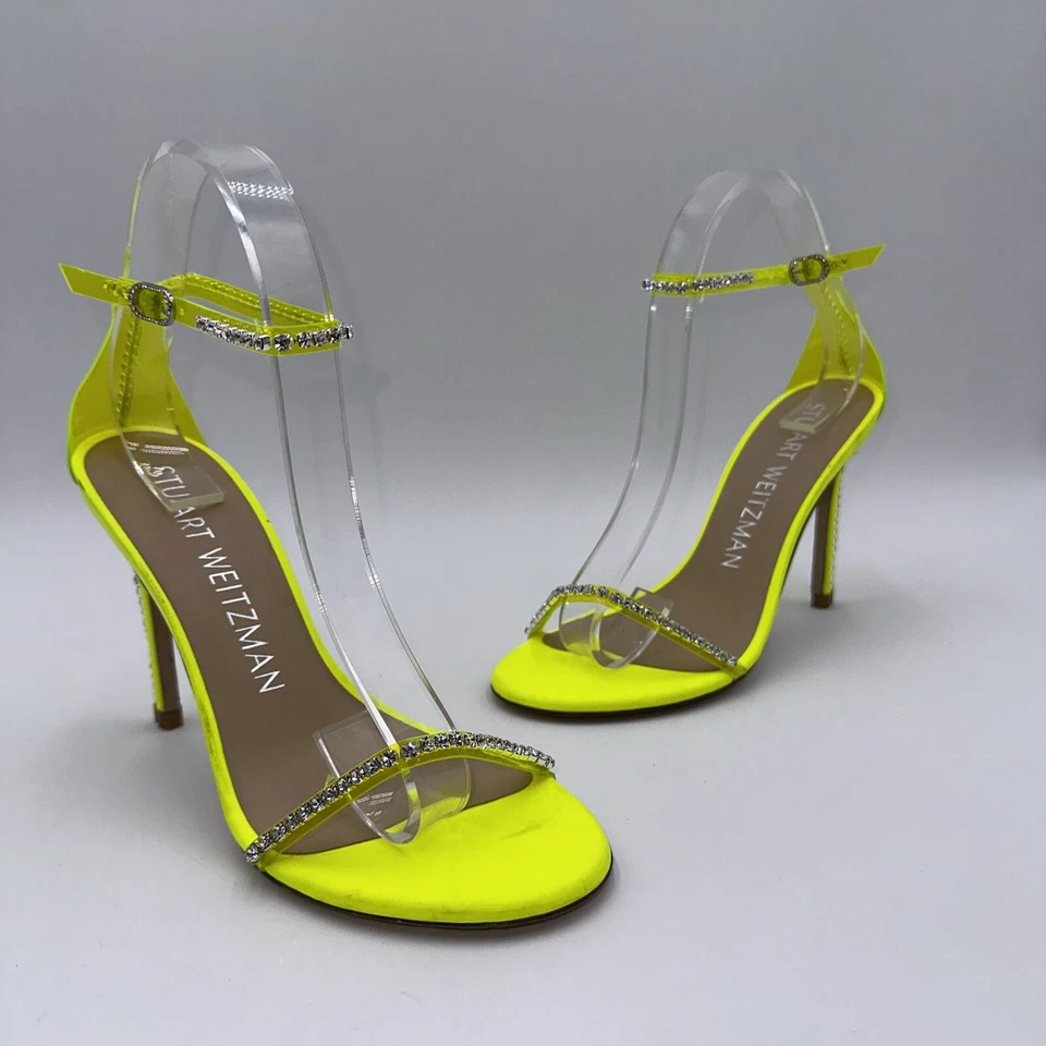 STUART WEITZMAN Rhinestone Embellished Stiletto Heel Yellow Satin Leather Sz 7.5 - Image 1 of 4