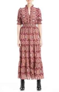 Max Studio $148 Peasant Smocked Waist Wine Paisley Tiered Maxi Dress Size M - Picture 1 of 3