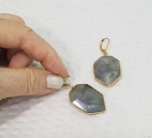 Faceted Genuine Sage Gray Jasper Gold Tone Geometric Teardrop Dangle Earrings - Picture 1 of 5