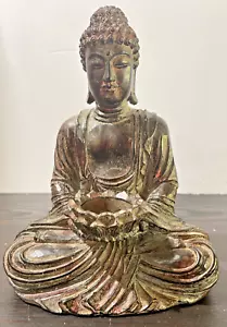9” Buddha Seated Meditating Figurine Holding Lotus Bowl Candle Incense Curls Vtg - Picture 1 of 6