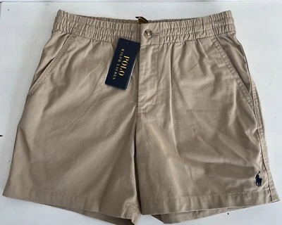 Polo Ralph Lauren Logo Tan Khaki Boys Shorts School Sz 12 Zipper Drawstring NWT - Image 1 of 4