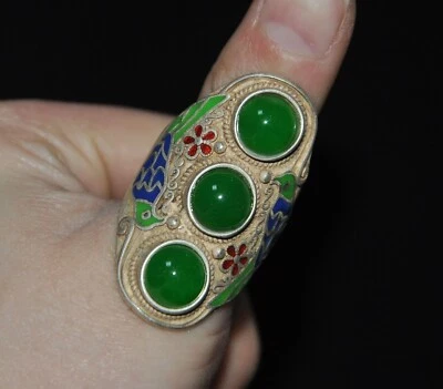 1.7" Antiguo Tibetano Plata Incrustación Gema flores fushou pájaro Anillo jiezhi estatua Foto 1 de 4