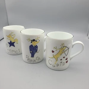 Pottery Barn Set (3) Coffee Mugs Reindeer Christmas Porcelain Silver Trim 4" New - Picture 1 of 7