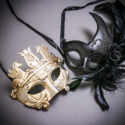 Silver Venetian Warrior Pegasus & Black Side Feather Glitter Couple Masks Set - Image 1 of 4