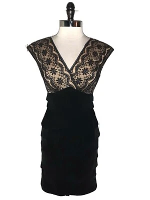 ADRIANNA PAPELL Size 10 Sheath Dress Black Lace Beige Lining Cap Sleeve - Image 1 of 4