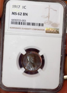 LINCOLN WHEAT CENT 1917 NGC MS 62++ UNDER GRADE WITH BEAUTIFUL COLORFUL TONES - Picture 1 of 4