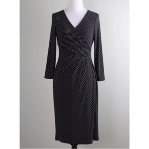 Ralph Lauren Women 8 Black White Polka Dot V Neck Knee Length Dress NWT CZ86 - Picture 1 of 4