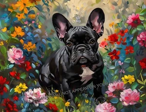 Carino Bulldog Francese Nero Fiore Giardino Francese Arte Francese Stampa Cane 8,5x11 - Foto 1 di 2