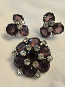 Vintage Kramer Purple Rhinestone Brooch/Pendant and Earrings Signed Sterling - Picture 1 of 9