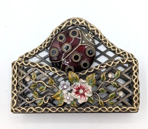 Enameled Floral Ladybug Brass Business Card Holder with Rhinestones 4x3" - Picture 1 of 8