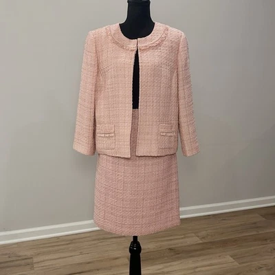 Traje Falda Tahari Arthur S Levine Tweed Rosa Talla 14 Perla Flecos Borde Brillante Foto 1 de 4