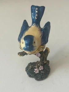 Mini bigiotteria smaltata blu uccellino su ramo cerniera magnete anello scatola - Foto 1 di 4