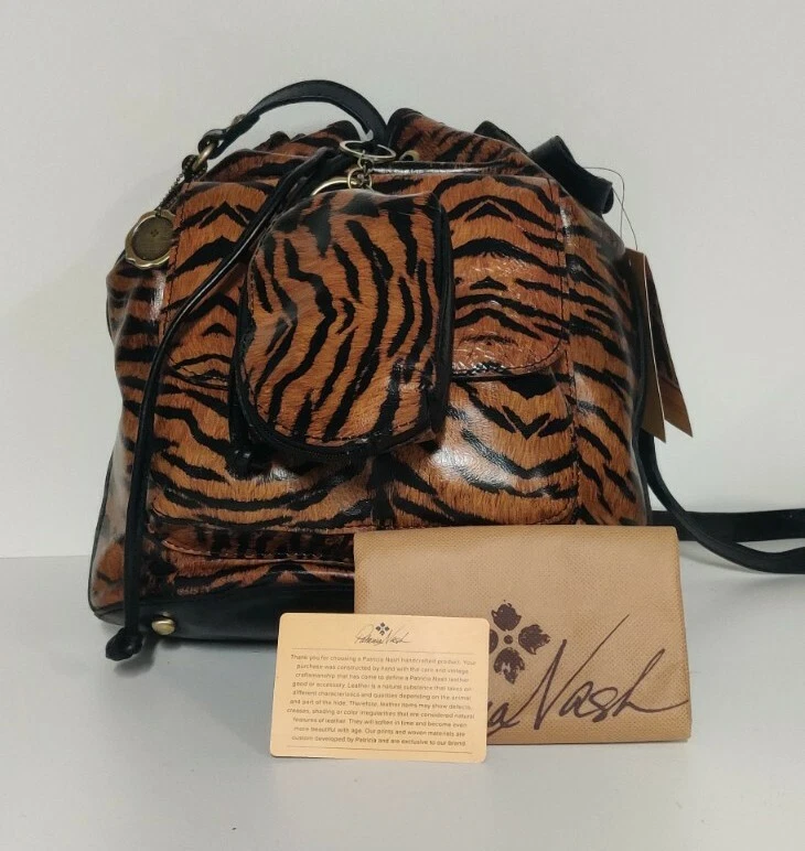 Patricia Nash Sabina Tiger Print Drawstring Smooth Leather Bundle Zip Pouch