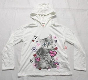 FabKids Girls' Long Sleeve Hooded Valentines Cat Tee JM3 Bright White Small NWT - Picture 1 of 3