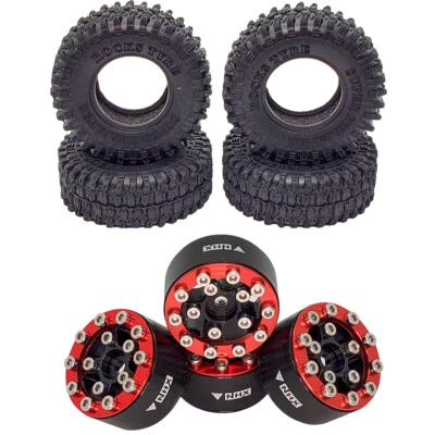 NHX RC Rock 1.0" Tires w/ Alum Screw-Style Beadlock Wheels (4) Red : SCX24 - Image 1 of 4