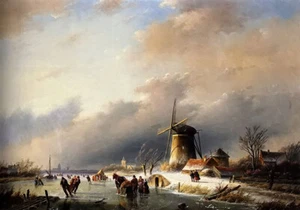 Oil painting Jan Jacob Coenraad Spohler - figures skating on frozen river 24x36" - Picture 1 of 1