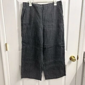 Eileen Fisher Linen Pants Wide Leg Pull On Cropped Striped Dark Grey Medium - Picture 1 of 7