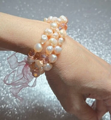 Pulsera Perla Elástica Perla Agua Dulce ROSA Cuentas Capa Apilable Mujer 3 piezas Foto 1 de 4