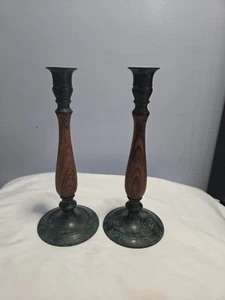 Vintage 2er Set Holz & Metall Kegel Kerzenständer Rustikal Landhaus 9-1/4" - Bild 1 von 8