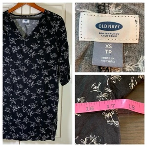 Old Navy Black Floral V-Neck Shift Dress XS Long Sleeve Rayon Boho Minimalist - Picture 1 of 13