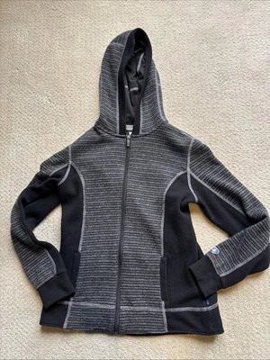 Sudadera con Capucha Kuhl Para Mujer Pequeña Gris Negra Cremallera Completa Chianti Polar Rayas Lana Suéter Foto 1 de 4