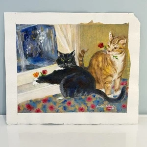 Original Aquarell Gemälde 2 Katzen Fenster Blumen signiert Jennifer Wheeler 2014 - Bild 1 von 7