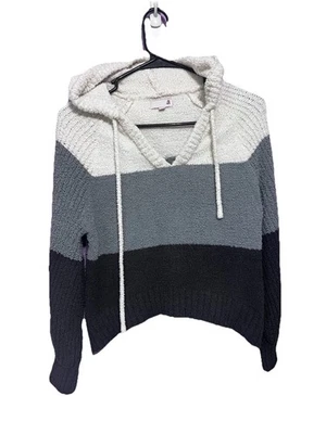 Suéter Pullover So Juniors Talla Pequeña Gris Crema Negro Manga Larga Cuello en V Con Capucha Foto 1 de 4