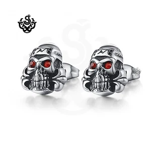 Silver stud made with red swarovski crystal eyes stainless steel skull earrings - Picture 1 of 3