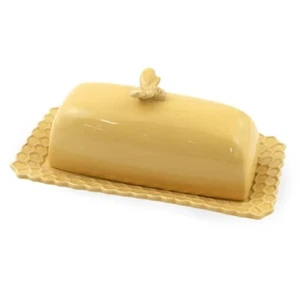 Covered Butter Dish Honeycomb Bee Yellow Stoneware Boston International - Picture 1 of 5