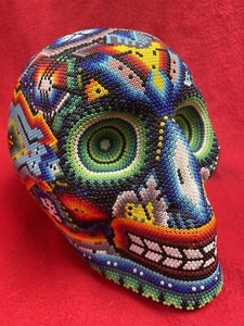 Mexican Folk Art Huichol Tribe Intricately Beaded Peyote Themed Human Skull - Picture 1 of 17