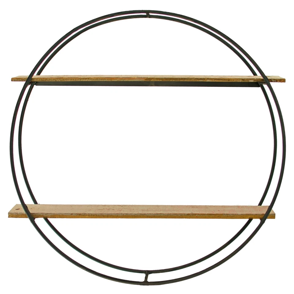 Circular Floating Hanging Shelf Double Tiered Frame Wood Slats 24IN X 24IN X 4IN - Image 1 of 3