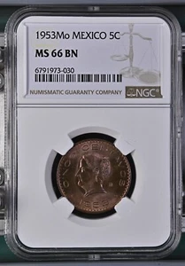 1953 Mo Mexico 5 Centavos NGC MS 66 BN - Picture 1 of 2