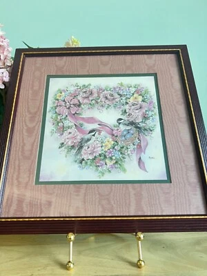 Vintage Framed Print Floral Heart Wreath with Birds and Nest By Keisha - Image 1 of 4