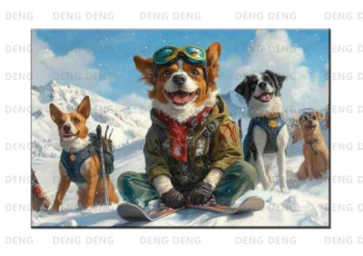Adorable pintura de perros de esquí impresa en lienzo, amantes de las mascotas deportes de invierno arte de pared Foto 1 de 4
