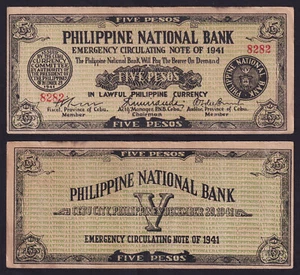 1941 US Philippines 5 Pesos CEBU PNB Fancy SN 8282 Emergency WW2 Note - Picture 1 of 4