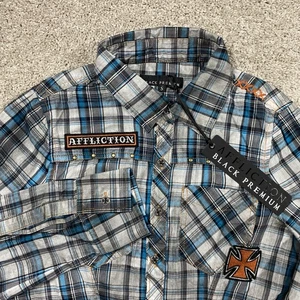 NWT Affliction Button Up Shirt Mens Small S Plaid Blue Gray Premium Grunge Y2K - Picture 1 of 12