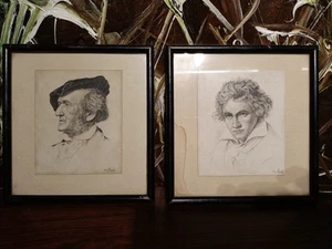 2 vintage Bleistiftzeichnungen : Wagner und Beethoven, in schwarze Rahmen - Picture 1 of 6