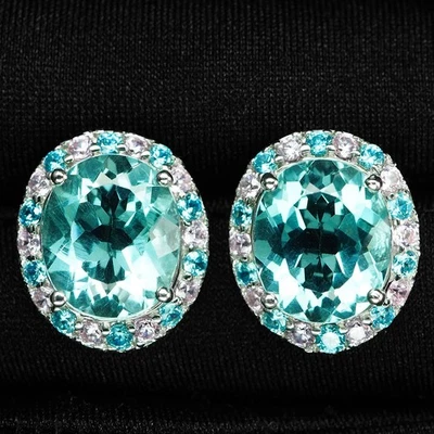 Charming Sea Blue Aquamarine 9.20Ct 925 Sterling Silver White Gold Halo Earrings - Image 1 of 4