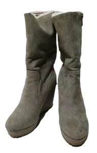 Juicy Couture Tan Gray Faux Fur Wedge Midcalf Winter Boots Size 9.5M - Picture 1 of 14