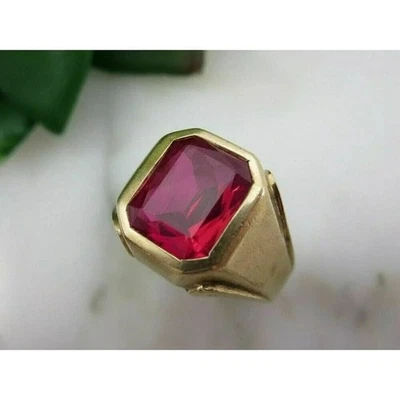 3CT Emerald Cut Lab Created Red Ruby Solitaire Men's Ring 14K Yellow Gold Plated - Image 1 of 4
