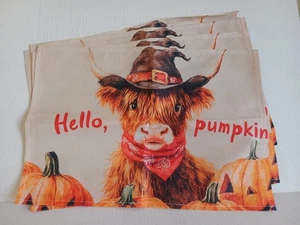 New Fall HELLO PUMPKIN Country Western Highland Cow Canvas Placemats Set Of 4 - Picture 1 of 5