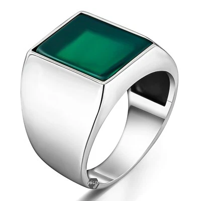 Solid 925 Sterling Silver Rectangle Green Agate Stone Simple Design Men's Ring - Image 1 of 3