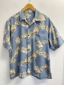 Portofino Hemd Herren L Hawaii Button Down Tropical Blau Hibiskus Retro Auto - Bild 1 von 9
