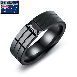 8mm Fashion Men's Titanium Real Stainless Steel Black CZ Grooved Band Ring